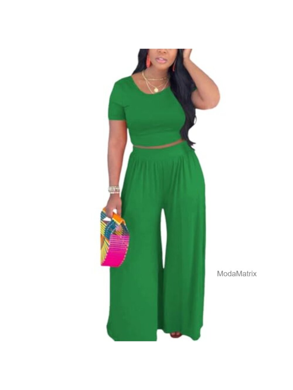 Women's 2 Piece Backless Crop Top Wide Leg Pants Set | Polyester Spandex
